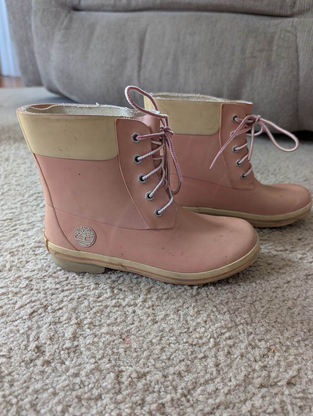 Vintage Timberland Kids Pink and Cream Lace-Up Rain Boots